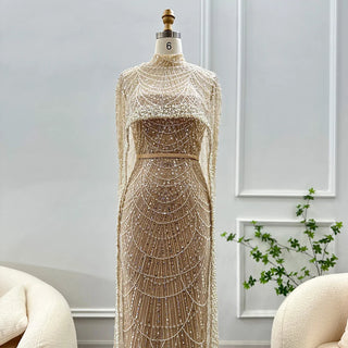 New for 2024: Luxury Champagne Dubai Evening Dresses with Pearls and Cape, Perfect for Arabic Women's Mermaid Wedding Party and Prom Dress