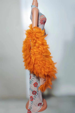 Floral Print Sheer Gown with Crystal Embellishments and Vibrant Feathered Shawl