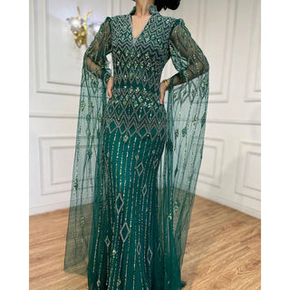 Dubai Designer Green Mermaid Arabic Evening Dress with Cape - Luxury Formal Gown for Women's Wedding Party