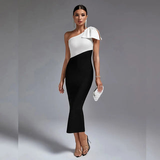 Elegant Black and White One-Bow Shoulder Bandage Dress - Sleeveless Slim Fit Midi Casual Dress