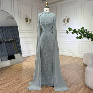 Ships in 1 to 3 Days - Muslim Sage Green Mermaid Cape Sleeves Beaded Satin Luxury Evening Dresses Gowns for Women | Party 2024