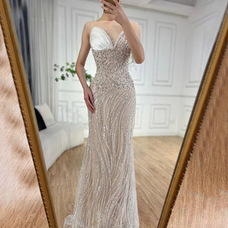 Ships in 1 to 3 Days - 2024 Arabic Nude Mermaid Gown with Pearl Beading - Luxury Saudi Evening Dress for Formal Occasions