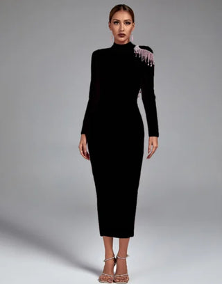 Ships in 1 to 3 Days - Elegant Beaded Backless Midi Dress with Diamond Tassels - Sexy Long Sleeve Rhinestone Bandage Cocktail Dress