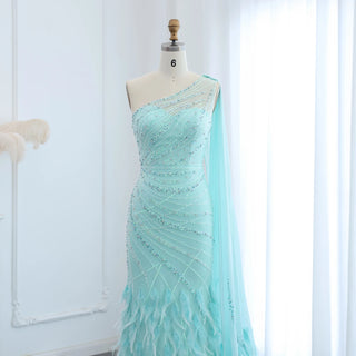 Luxury Feather Turquoise Aqua One Shoulder Mermaid Evening Dress with Cape Train Long Prom Wedding Party Gowns