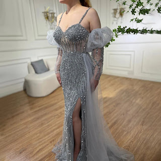 Ships in 1 to 3 Days - Sexy Gray Beaded Mermaid Evening Gown 2024: Spaghetti Straps, High Split, Balloon Sleeves for Party