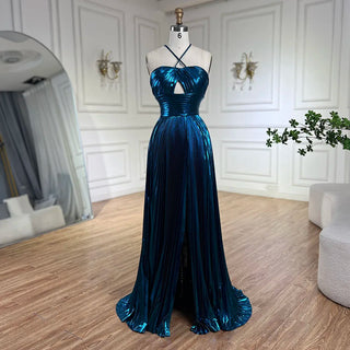 Ships in 1 to 3 Days - Arabic Navy Blue Halter Straps Front Slit Mermaid Beaded Evening Gown for Women Wedding Party 2024