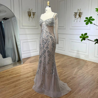 Arabic Silver Nude Mermaid Luxury Beaded Elegant Dubai Evening Dress - Gown for Women's Wedding Party 2024