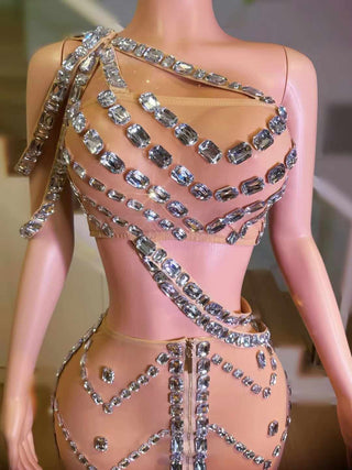 One-Shoulder Crystal-Encrusted Evening Gown with High Slit