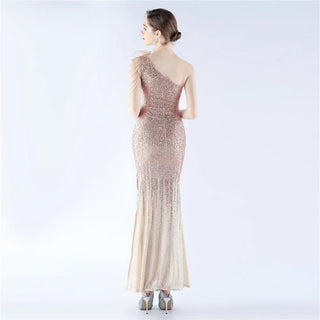 Gradient Sequin One-Shoulder Floor-Length Prom Dress with Ostrich Feathers