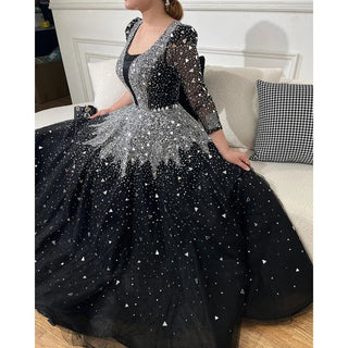 Ships in 1 to 3 Days - Muslim Black A-Line Evening Gown: Luxurious Sequined and Beaded Elegance for Women's Wedding Party 2024