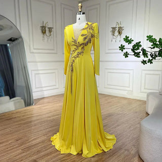 Luxury Dubai Arabic Yellow Mermaid Elegant Tassel Beaded Evening Dresses Gowns For Women Wedding Party 2024