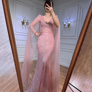 Peach Pink Mermaid Elegant Cape Sleeves Beaded Evening Dress - Prom Formal Arabic Gown 2024 for Women's Party