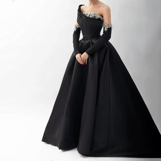 2024 Black One-Shoulder Satin A-Line Beaded Evening Gown with Sleevelets for Women’s Party - Saudi Dress