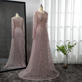 Ships in 1 to 3 Days - Pink Mermaid Elegant Evening Gown 2024: O-Neck, Long Sleeves, Luxury Beaded for Woman Party