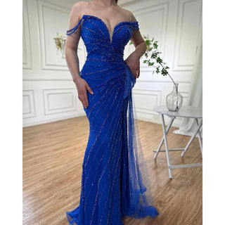 Blue Mermaid Split Evening Gown 2024 - Elegant Luxury Beaded Dress for Women's Party