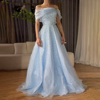 Ships in 1 to 3 Days - 2024 Arabic Blue Off-The-Shoulder Beaded A-Line Evening Dress - Elegant Long Gown for Formal Occasions