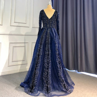 Elegant Navy Blue Velvet Mermaid Evening Dress with Beaded Long Sleeves - Women's Formal Gown