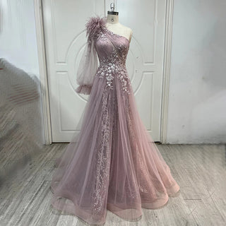 Pink A-Line Split Evening Gown 2024: Beaded Elegant Feathers, One Shoulder for Women Party