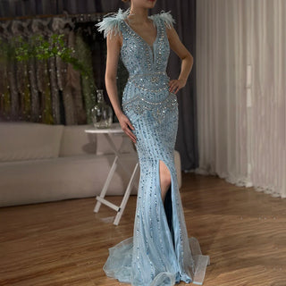 Ships in 1 to 3 Days - 2024 Arabic Blue Mermaid Evening Gown with Beaded Feathers and High Split - Elegant Long Dress for Formal Occasions