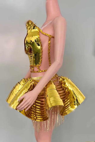 Futuristic Gold Metallic Mini Dress with Sculptural Open-Back Design