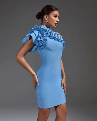 Vestidos De Noche Cut-Out Ruffle Neck One-Shoulder Mini Bandage Dress - Light Blue Bodycon Short Evening Dress