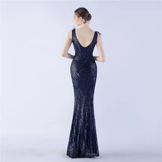 Elegant V-Neck Sequin Evening Dress Mermaid Floor-Length Formal Dress with Feathers