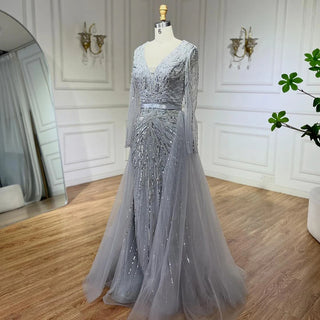 Ships in 1 to 3 Days - 2024 Dubai Gray Long Sleeves Mermaid Beaded Arabic Luxury Evening Dress: Gowns for Women's Wedding Party