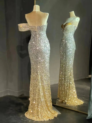 Luxury Mermaid One-Shoulder Sequins Dress with High Split - Floor-Length Fashion Dress