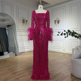 Muslim Fuchsia Luxury Beaded Feathers Mermaid Women Wedding Party Dubai Gowns Long Evening Dresses 2024