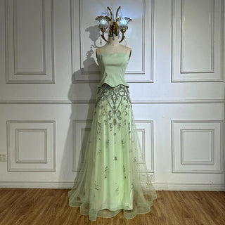 Sage Green Strapless Beaded A-Line Evening Gown – 2025 Saudi Arabic Luxury Dress