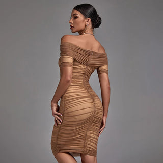 Elegant Off-The-Shoulder Light Brown Mesh Bandage Dress - Casual Summer Dress for Women