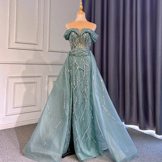 Turquoise Mermaid Evening Dress: 2024 Beaded Elegant Luxury with High Split for Women's Party