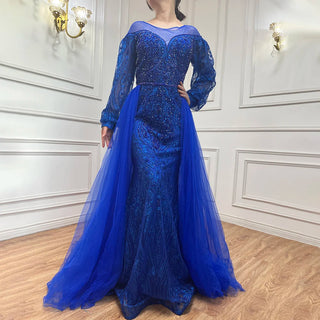 Muslim Blue Elegant Mermaid Luxury Evening Dress - Women's Party Gown 2024 with Beaded Over Skirt