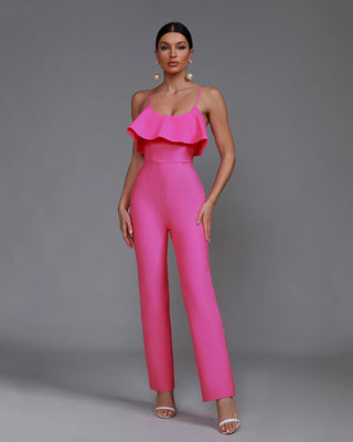 Pink One-Piece Chic Ruffle Strap Wide-Leg Jumpsuit for Women 2024