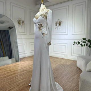 White Satin Mermaid Evening Gown with Beaded Details – Custom Arabic Design for Formal Elegance