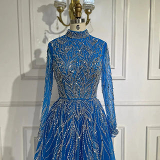 Ships in 1 to 3 Days - Muslim Elegant Blue A-Line Beaded Luxury Dubai Evening Dresses Gowns For Women Wedding Party 2024