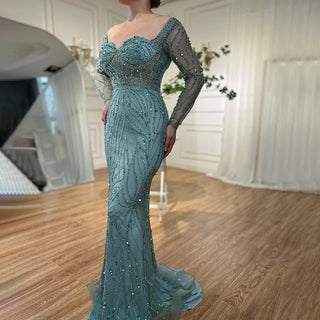 Ships in 1 to 3 Days - Arabic Turquoise Elegant Mermaid High Split Beaded Evening Dress: Gown for Women's Wedding Party 2024