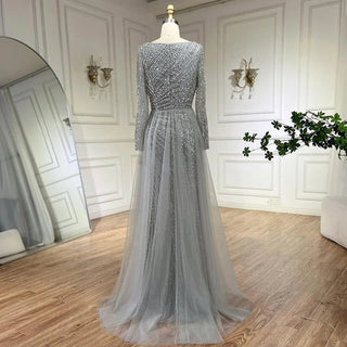 Arabic Dubai Silver Gray Mermaid Evening Dress - 2024 Luxury Beaded Gown with Detachable Skirt for Women's Party