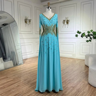 2024 Arabic Elegant Blue Cape Sleeves Beaded Mermaid Evening Gown for Women's Wedding Party