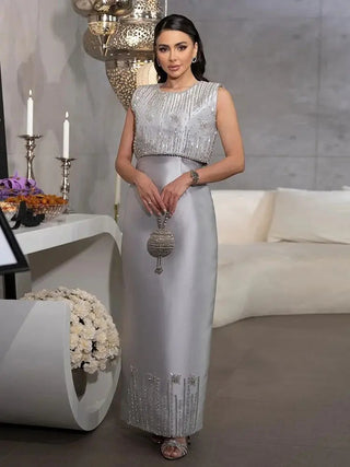 Saudi Beaded Gray Midi Formal Evening Dress for Arabic Occasion