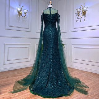 Arabic Green Mermaid Beaded Formal Evening Dress with Cape Sleeves - for Women's Wedding, Prom, Party