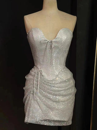 Silver Mini Dress with Sweetheart Neckline - Sexy Short Fashion Dress