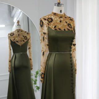 Opulent Olive: Luxury Dubai Mermaid Evening Dress with Long Sleeves for Elegant Weddings