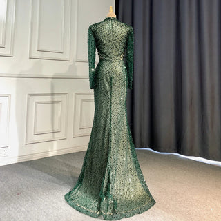 Elegant Green Mermaid Evening Dress with High Split and Pearls - Women's Party Gown 2024