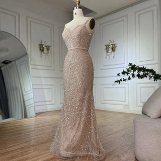 Customized Nude Spaghetti Strap Beaded Mermaid Gown with Detachable Long Sleeve Jacket for Formal Occasions