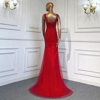 Luxury Red Mermaid Evening Dress with Beaded Detail - Women's Party Gown 2024