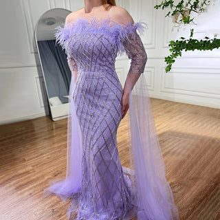 Dubai Caramel Feather Beaded Mermaid Evening Gown: Elegant Cape Sleeves for Women's Wedding Party 2024