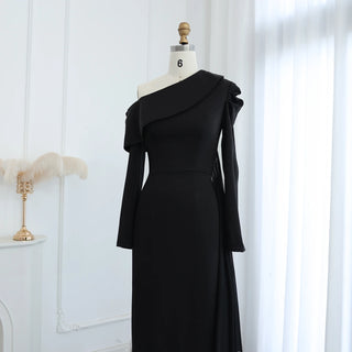 Elegant One Shoulder 3D Flowers and Feathers Black Evening Dress with Long Sleeves, Arabic Mermaid Formal Party Gowns