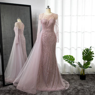 Ships in 1 to 3 Days - Pink Mermaid With Skirt Long Evening Dress: 2024 O-Neck Elegant Beaded Luxury Gown for Women's Party