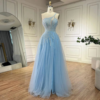 Arabic Blue Spaghetti Strap A-Line One Shoulder Beaded Luxury Evening Dresses Gowns for Women's Party 2024